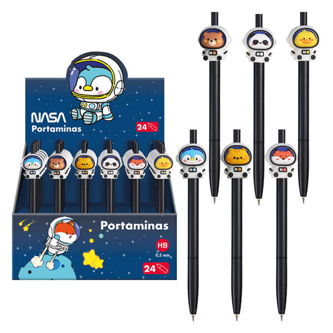Dohe Expositor de 24 Portaminas 0.5mm - Grip de Caucho - Decorados con Motivos de Astronautas-Animales 1