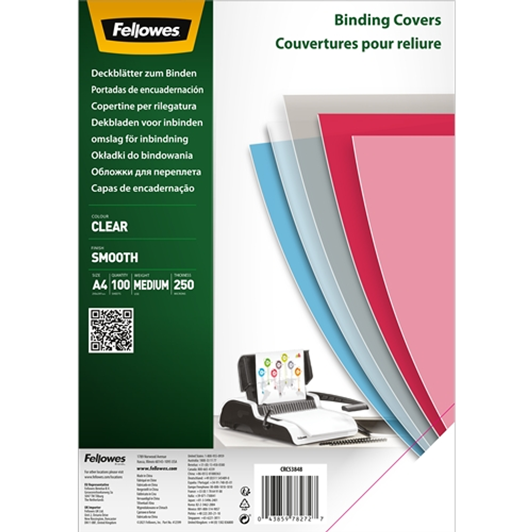 Fellowes Pack de 100 Portadas de Polietileno Transparentes para Documentos A4 - Grosor de 250 Micras - Ideal para Encuadernadoras de Espiral o Canutil 1