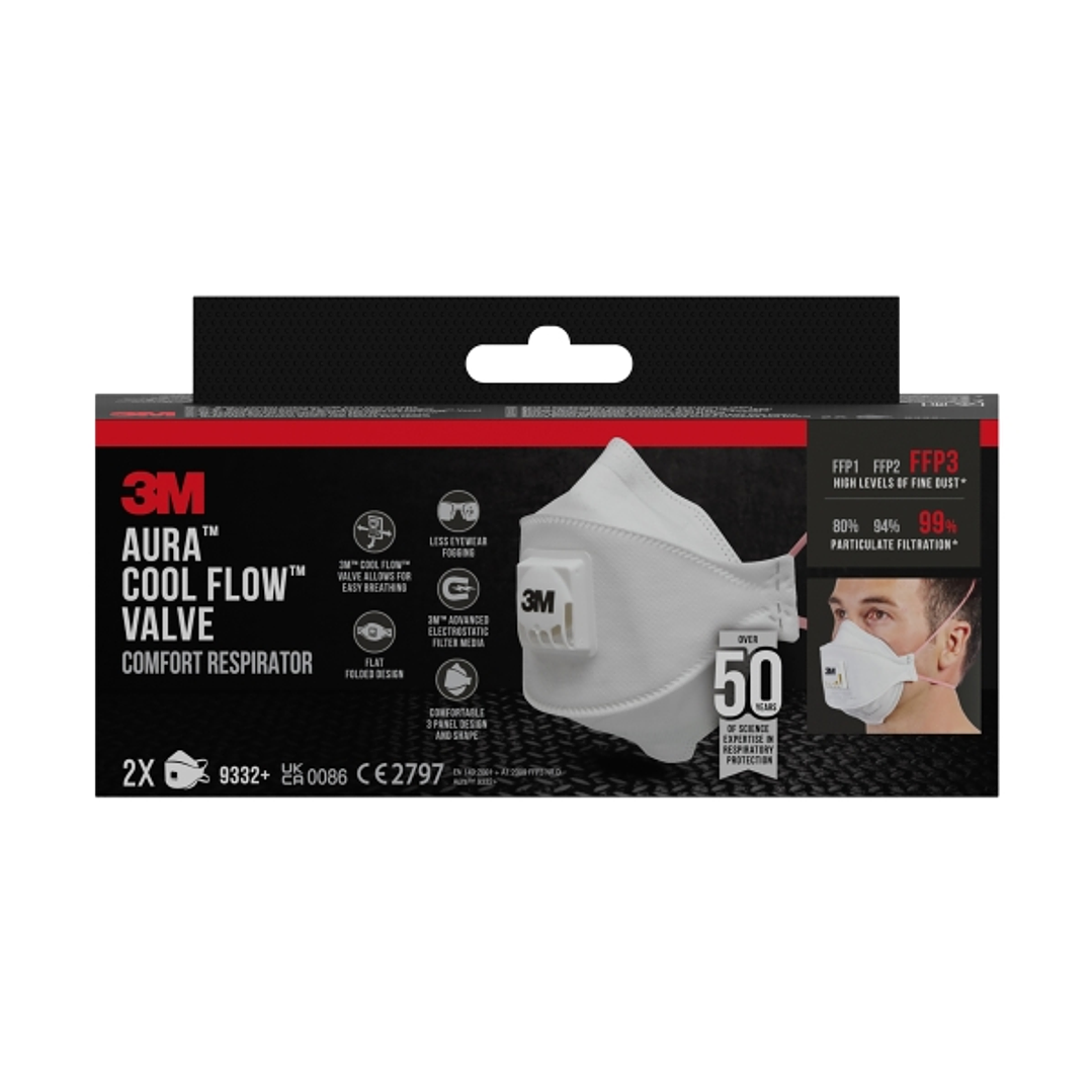 3M Aura Comfort Cool Flow Pack de 2 Mascarillas para Particulas FFP3 - Desechable - con Valvula - para Altos Niveles de Particulas - Color Blanco 1