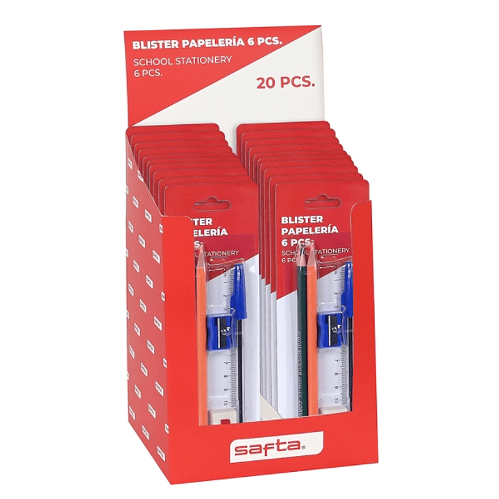 Safta Expositor con 20 Packs Escolares - 2 Lapices - Sacapuntas - Goma - Sacapuntas Incluido - Goma de Borrar - Boligrafo Azul - Colores Surtidos 1