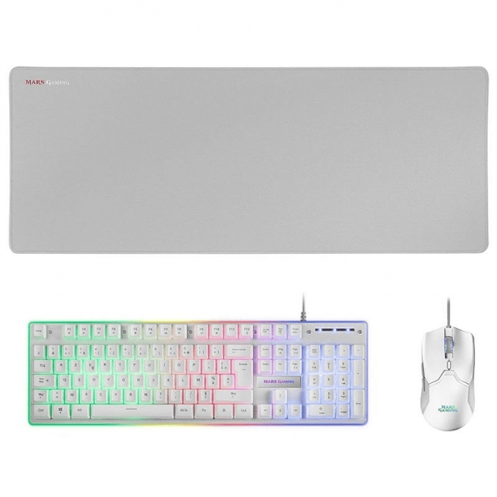 Mars Gaming MCPX Combo Gaming Premium - Teclado H-MECH - Raton 10K DPI - Alfombrilla XXL - Iluminacion FRGB - Multiplataforma - Color Blanco 1
