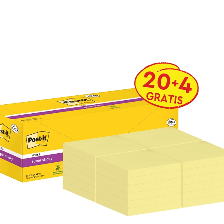Post-It Super Sticky Pack de 24 Blocs de 90 Notas Adhesivas Reposicionables - 76x76mm - Promocion 20 Blocs + 4 Gratis - Paquete de Carton - Color Amar 1