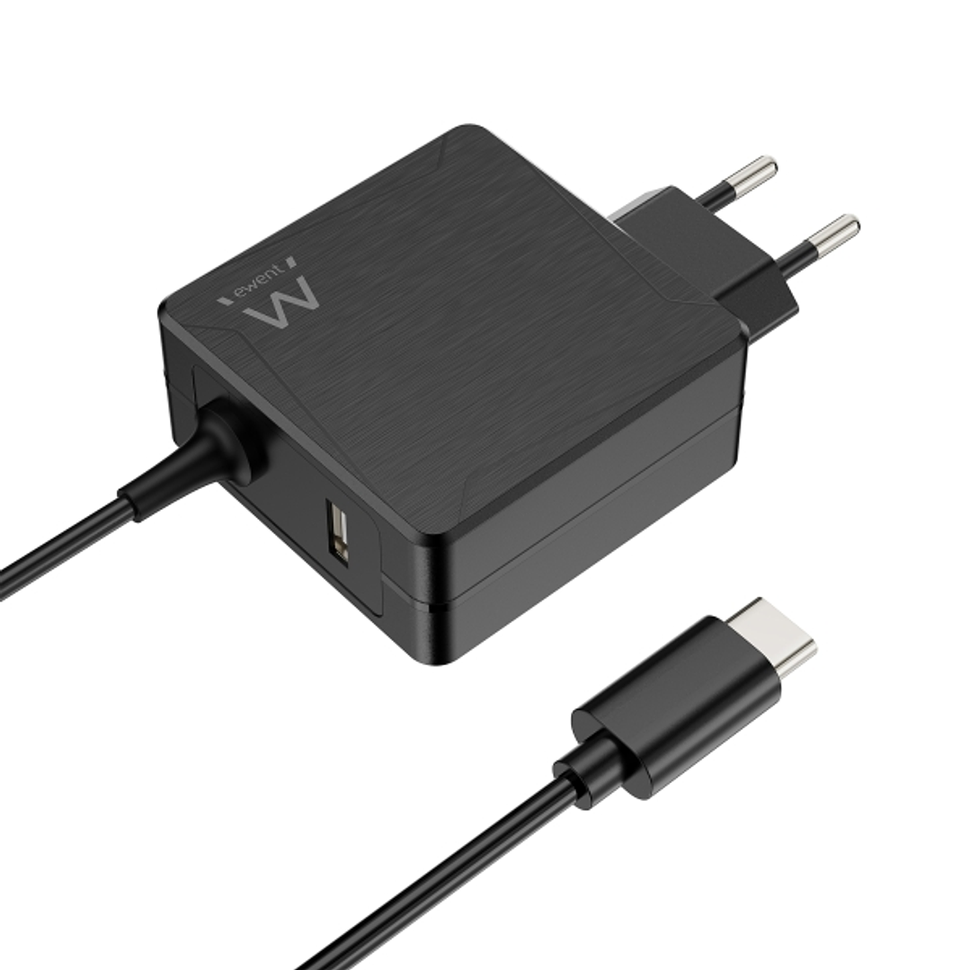 Ewent Cargador de Pared USB-C de 65W - Power Delivery - USB-A Extra - Cable de 1.5m - Proteccion Electrica - Color Negro 1