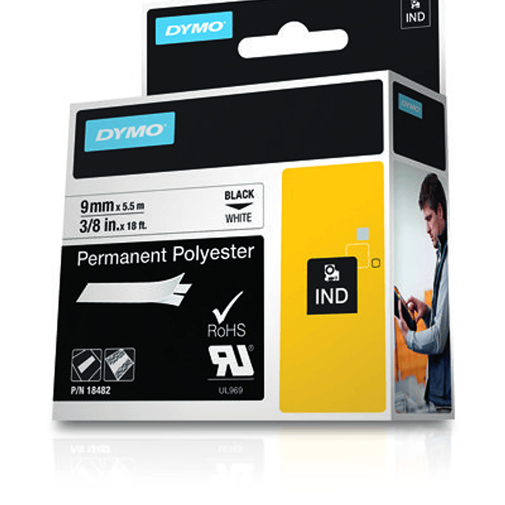 Dymo Rhino ID1-9 Cinta de Etiquetas Original para Rotuladora - Texto Negro sobre Fondo Blanco - Ancho 9mm x 5.5 metros - 18482 1