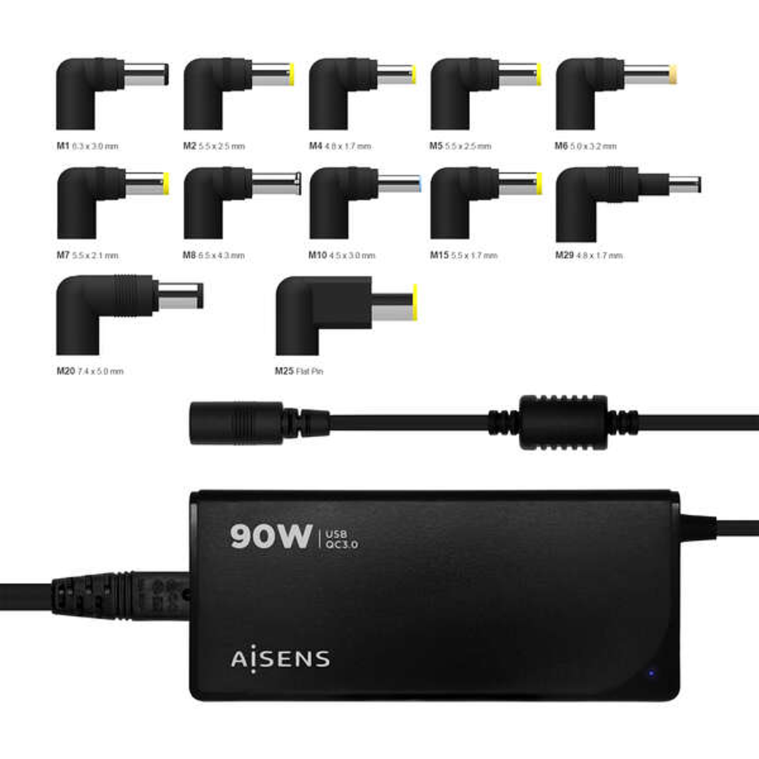 Aisens Cargador 90W Automatico Universal Multitension para Portatil con 12 Conectores + USB-A QC.3.0 - Color Negro 1