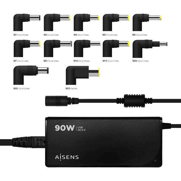 Aisens Cargador 90W Automatico Universal Multitension para Portatil con 12 Conectores + USB-A QC.3.0 - Color Negro 1