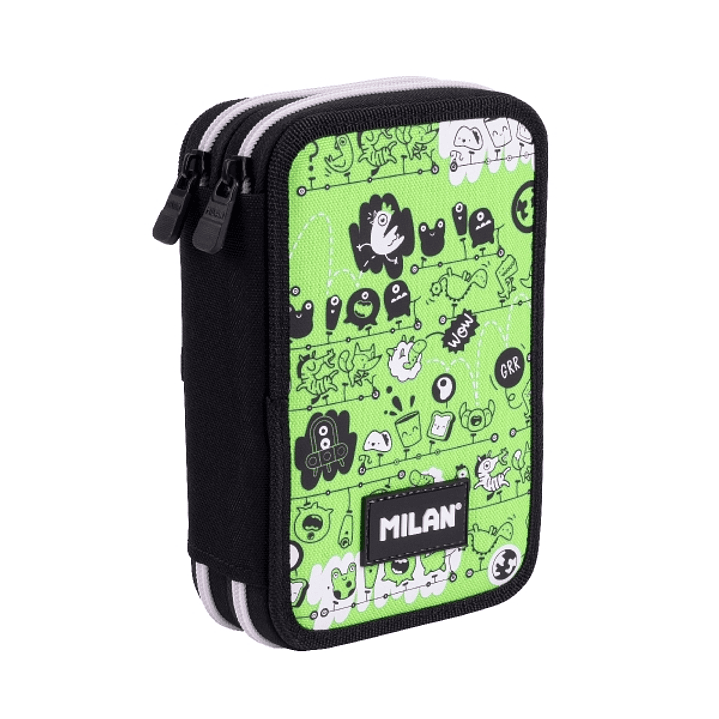 Milan Tandem 2 Plumier de 2 Pisos con Regla - Sacapuntas - Gomas de Borrar - Lapices de Grafito y de Colores - Rotuladores - Boligrafo Azul - 19.5x13x 1