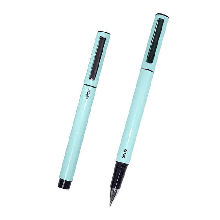 Dohe Boligrafos Elegantes de Aluminio - Cuerpo Ovalado en Verde - Ligeros y Ergonomicos - Capucha con Clip - Tinta Azul 1