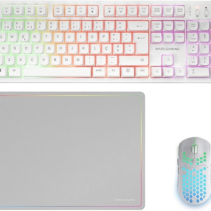 Mars Gaming MCPWX Combo Pack Gaming 3en1 - Teclado Hibrido H-Mech - Disposicion Italiana QWERTY IT - Raton 3200dpi - Switches HUANO - Color Blanco 1