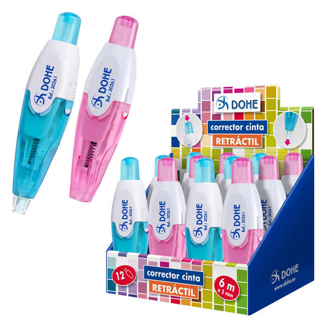 Dohe Expositor con 12 Correctores de Cinta Retractiles 5mm x 6m - Cuerpo Traslucido - Colores Azul y Rosa 1
