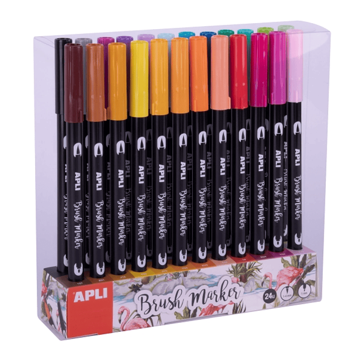 Apli Brush Marker Pack de 24 Rotuladores Acuarelables de Doble Punta - Punta Pincel de 1-4mm y Punta Redonda de 1mm - Tinta Base de Agua Inodora y No  1
