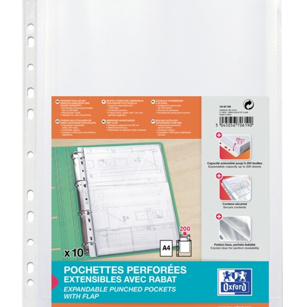 Oxford A4 Fundas Multitaladro Gran Capacidad - con Fuelle y Solapa - Polipropileno 200µ - Acabado Cristal 1