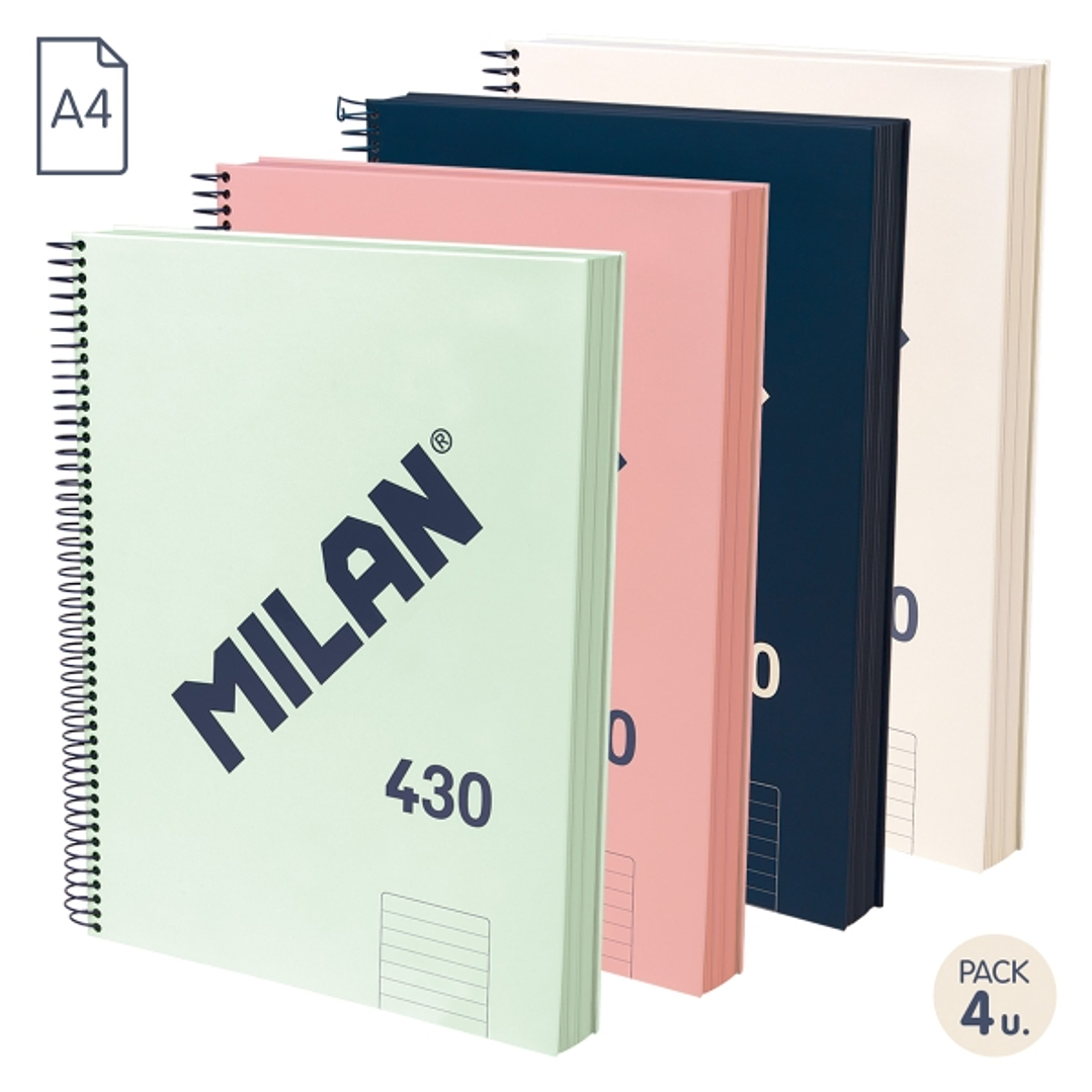 Milan 430 Since 1918 Pack de 4 Cuadernos A4 con Espiral - Papel a Lineas de 7mm - 120 Hojas de 95g - Tapa Dura - Colores Surtidos 1