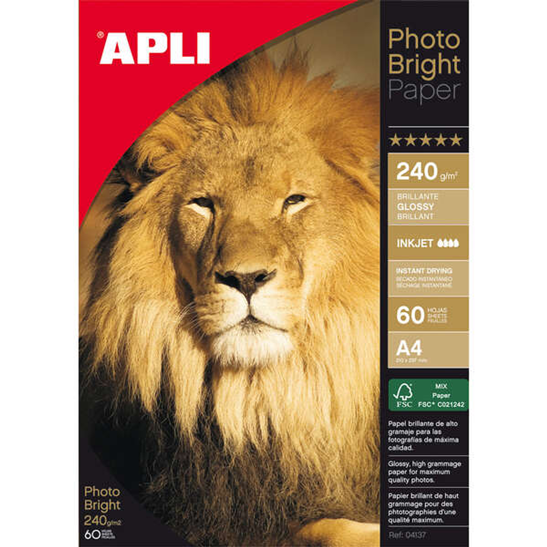 Apli Pack de 60 Hojas de Papel Fotografico Photobright A4 240g/m² - Acabado Brillante 1
