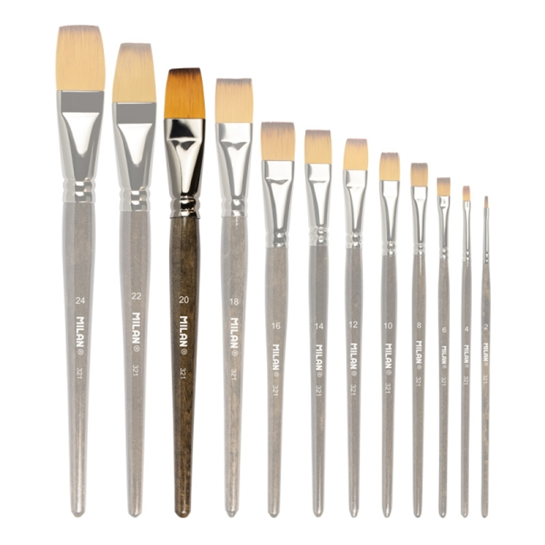 Milan 321 Pack de 3 Pinceles Planos Numero 20 - Bolsa con Colgador - Pelo Sintetico - Color Madera Oscuro 1