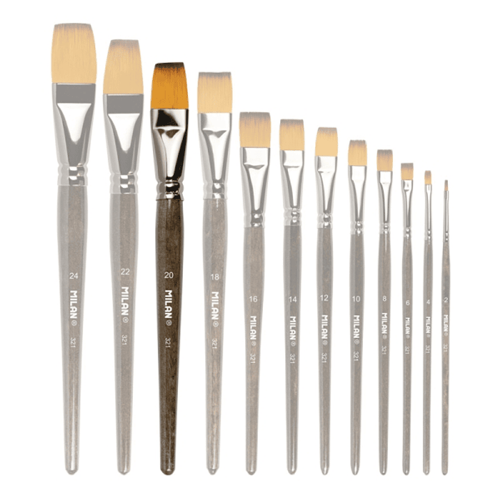 Milan 321 Pack de 3 Pinceles Planos Numero 20 - Bolsa con Colgador - Pelo Sintetico - Color Madera Oscuro 1