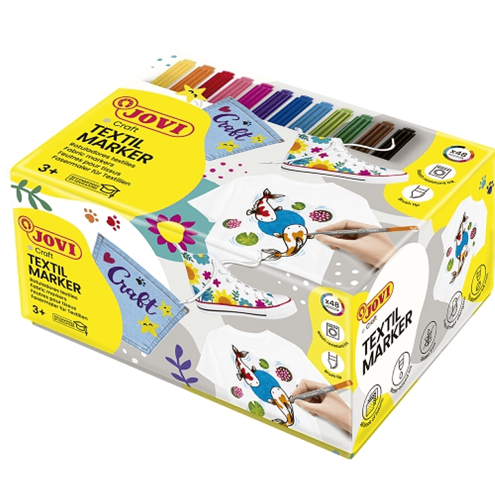 Jovi Textil Caja de 48 Rotuladores Textil- Tinta Base Agua - Punta Pincel - Resistente a Lavados - Secado Rapido - Color Surtido 1
