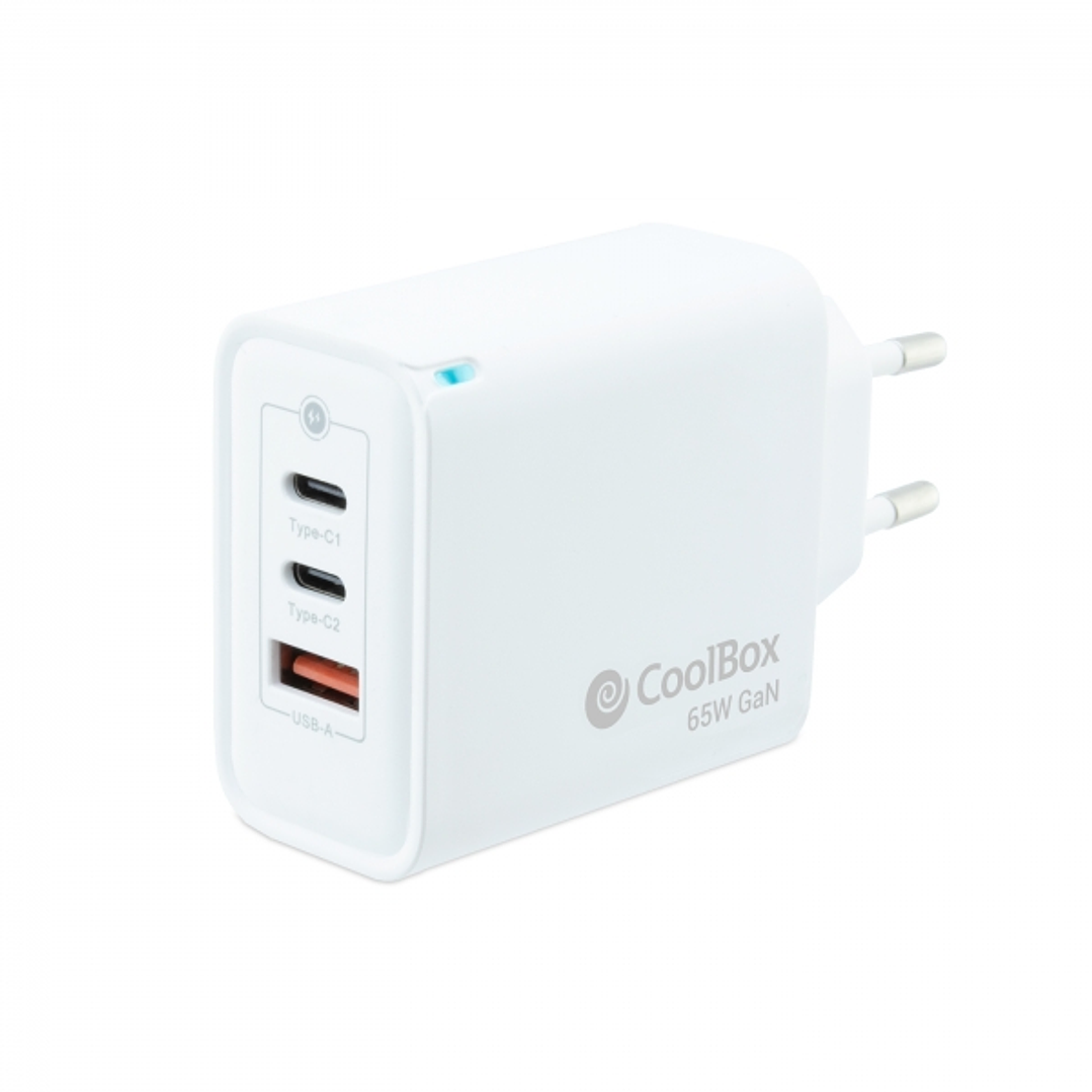 Coolbox Cargador de Pared 65W QC3.0 + PD - USB-A + 2xUSB-C - Carga Rapida - Tecnología GaN - Color Blanco 1