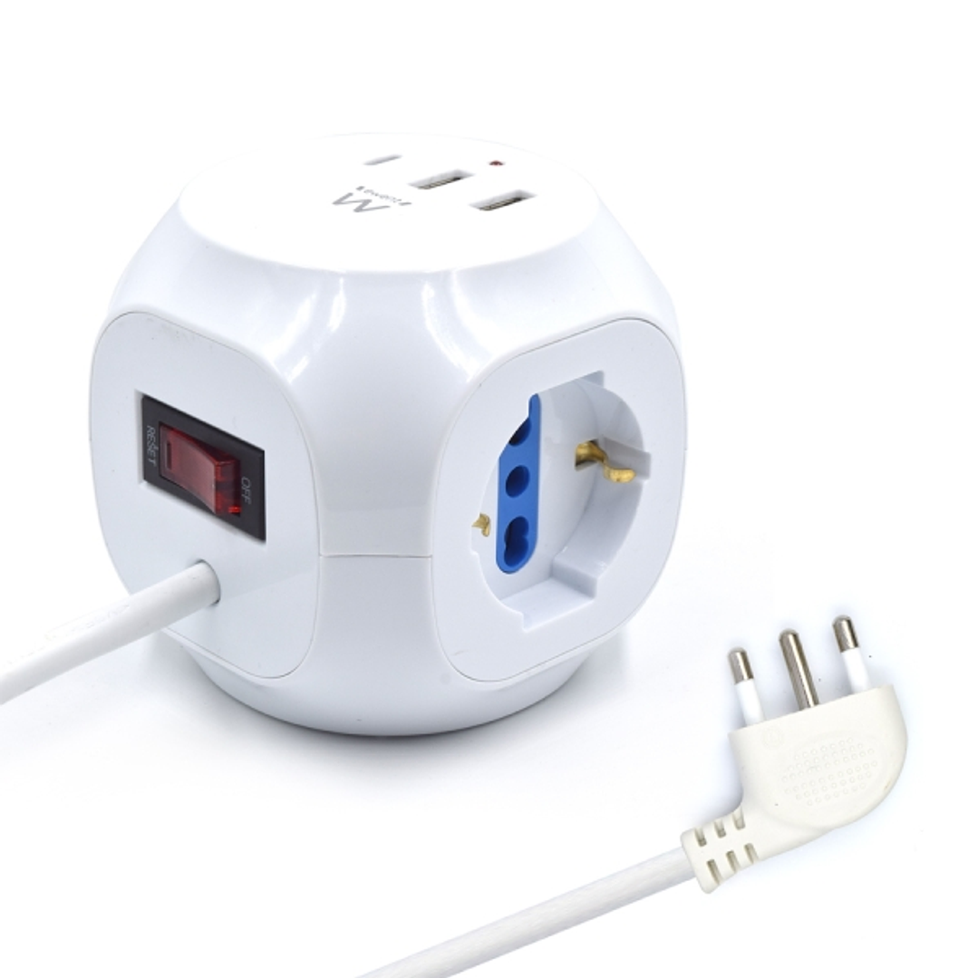 Ewent Regleta con 6 Tomas de Sobremesa en Forma de Cubo - 3 Tomas L/F (Schuko) - 2x USB-A - 1x USB-C - Enchufe Italiano Plano en Angulo - Interruptor  1