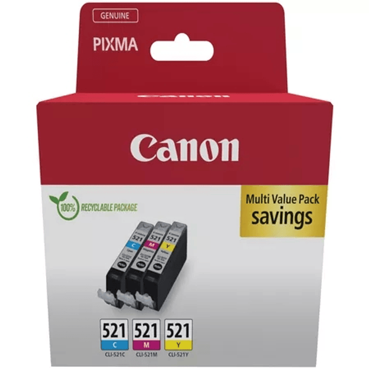 Canon CLI521 Pack de 3 Cartuchos de Tinta Originales - Cian, Magenta, Amarillo - 2934B015/2934B010 1