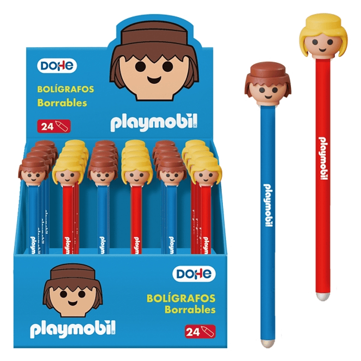Dohe Playmobil Expositor de 24 Boligrafos Borrables - Punta Bola Metalica 1mm - Trazo 0.5mm - Capuchon Decorado con Muñecos Playmobil - Tinta Azul 1