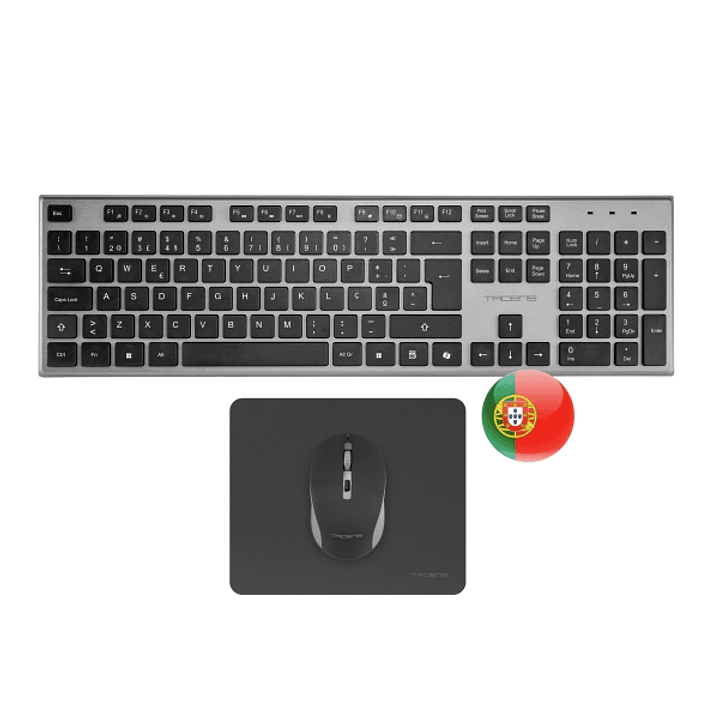 Tacens Zenith Combo Pack Inalabrico de Teclado Completo + Raton y Alfombrilla - Disposicion Portuguesa QWERTY PT - Teclas Silenciosas de Perfil Bajo - 1