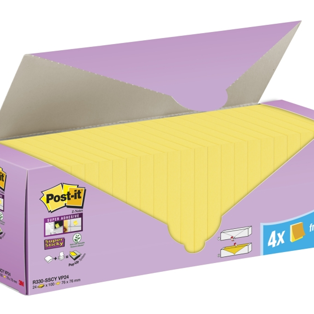 Post-It Super Sticky Pack de 24 Blocs con 90 Z-Notas Adhesivas Reposicionables - 76x76mm - Promocion 20 Blocs + 4 Gratis - Color Amarillo Claro 1
