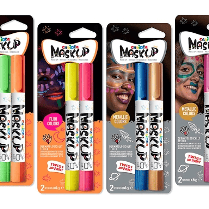 Carioca Mask Up Metallic & Neon Pack de 12 Blisters con 2 Lapices cada Uno - Brillantes y Lavables - Base Agua - Se Pueden Mezclar - Colores Metalicos 1