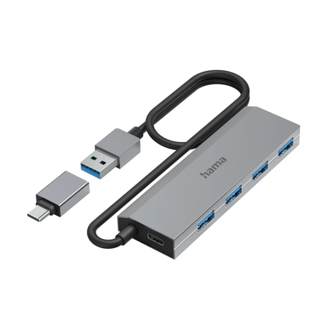 Hama Essential Hub USB 3.2 - Cable USB-A Integrado de 1m - Adapatador USB-C - 4x USB-A - Color Gris 1