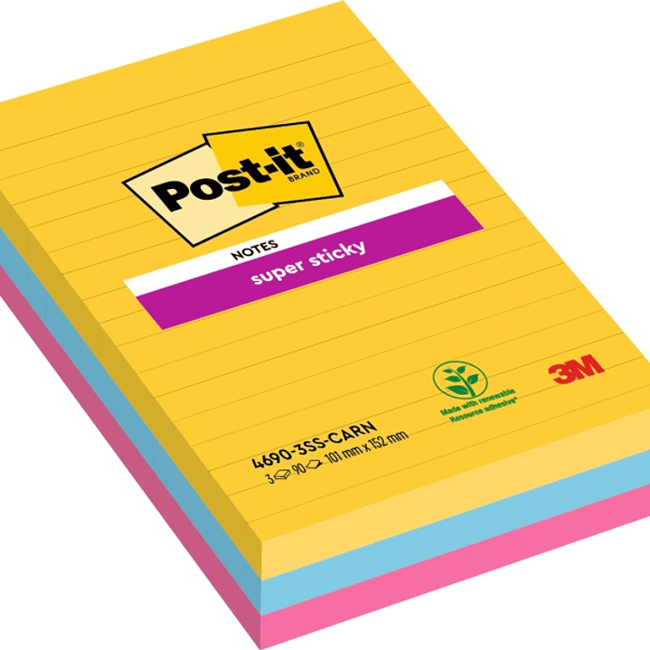 Post-It Super Sticky Pack de 3 Blocs de 90 Notas Adhesivas Reposicionables - Forma Rectangular - 101x152mm - Colores Surtidos 1