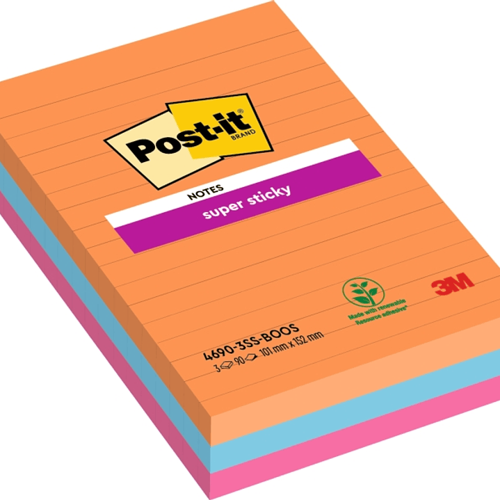 Post-It Super Sticky Pack de 3 Blocs de 90 Notas Adhesivas Reposicionables - Forma Rectangular - 101x101mm - Colores Surtidos 1