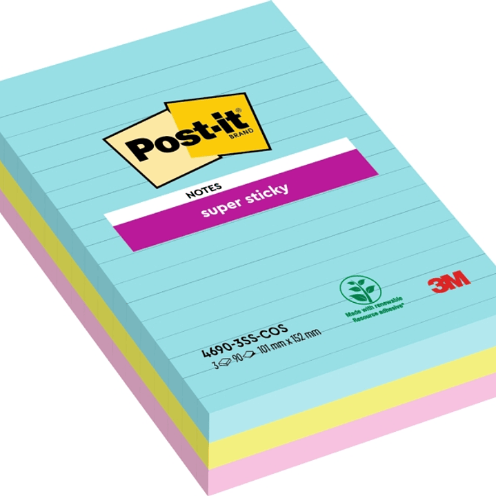 Post-It Super Sticky Pack de 3 Blocs de 90 Notas Adhesivas Reposicionables - Forma Rectangular - 101x152mm - Colores Surtidos 1