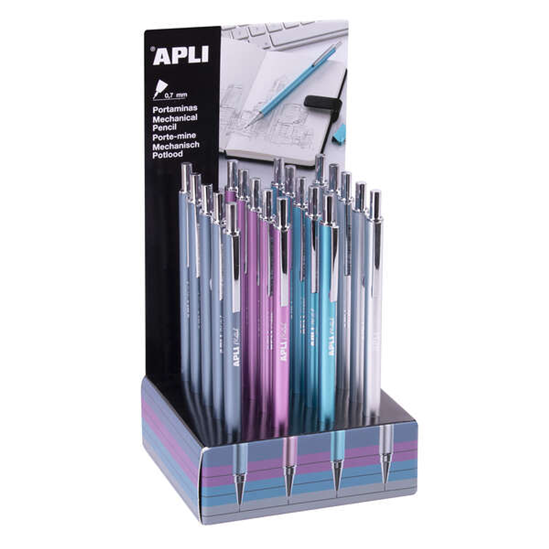 Apli Expositor de 20 Portaminas 0.7mm - Textura Soft - Capuchon y Goma de Borrar - Colores Metalizados Surtidos 1