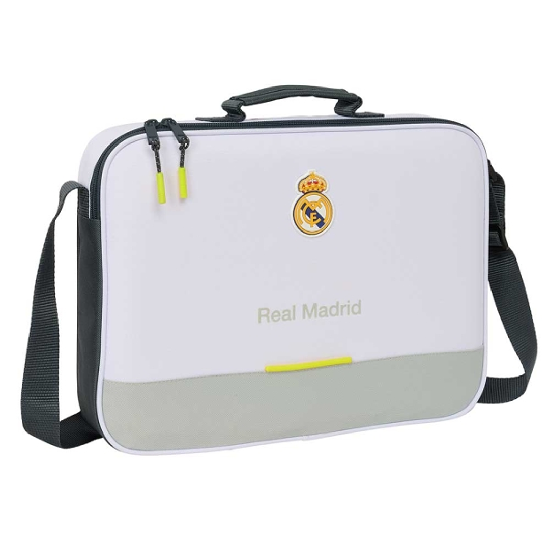 Safta Real Madrid Maletin con Cremallera de 6L - Bandolera Ajustable - Asa de Mano Forrada - Fondo Semirigido Extraible - 38x28x6cm - Color Blanco y N 1