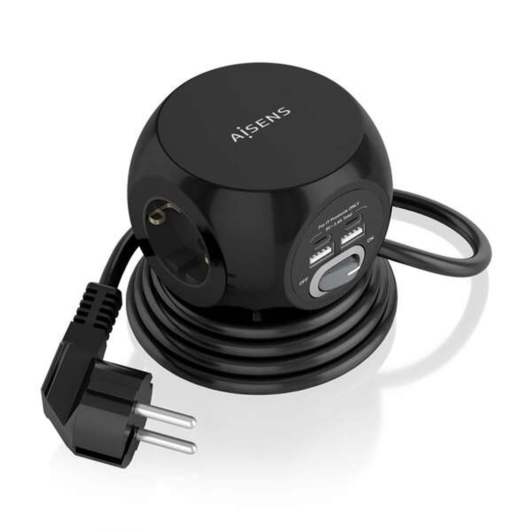 Aisens Regleta de Enchufes Sobremesa Multifuncion con 3 Tomas + 2xUSB-C - 2xUSB-A - 1.4m - Color Negro 1