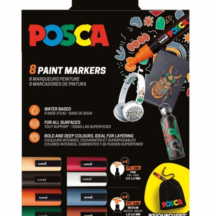 Posca Edicion Limitada Pack de 4 Marcadores de Pintura PC5M + 4 Marcadores de Pintura PC3M + Regalo Bolsa de Tela - Punta Redondeada - Tinta Base al A 1
