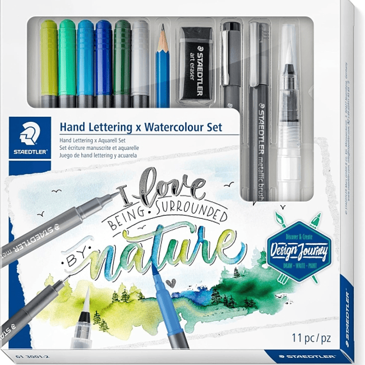 Staedtler Hand Lettering and Watercolour Set Design Journey Pack con 6 Rotuladores Acuarelables Doble Punta en Colores Surtidos, Rotulador Pigment Lin 1