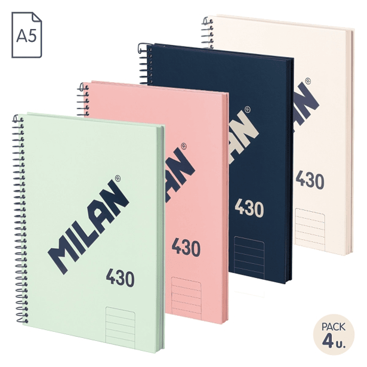Milan 430 Since 1918 Pack de 4 Cuadernos A5 con Espiral - Papel a Lineas de 7mm - 80 Hojas de 95g - Tapa Dura - Colores Surtidos 1