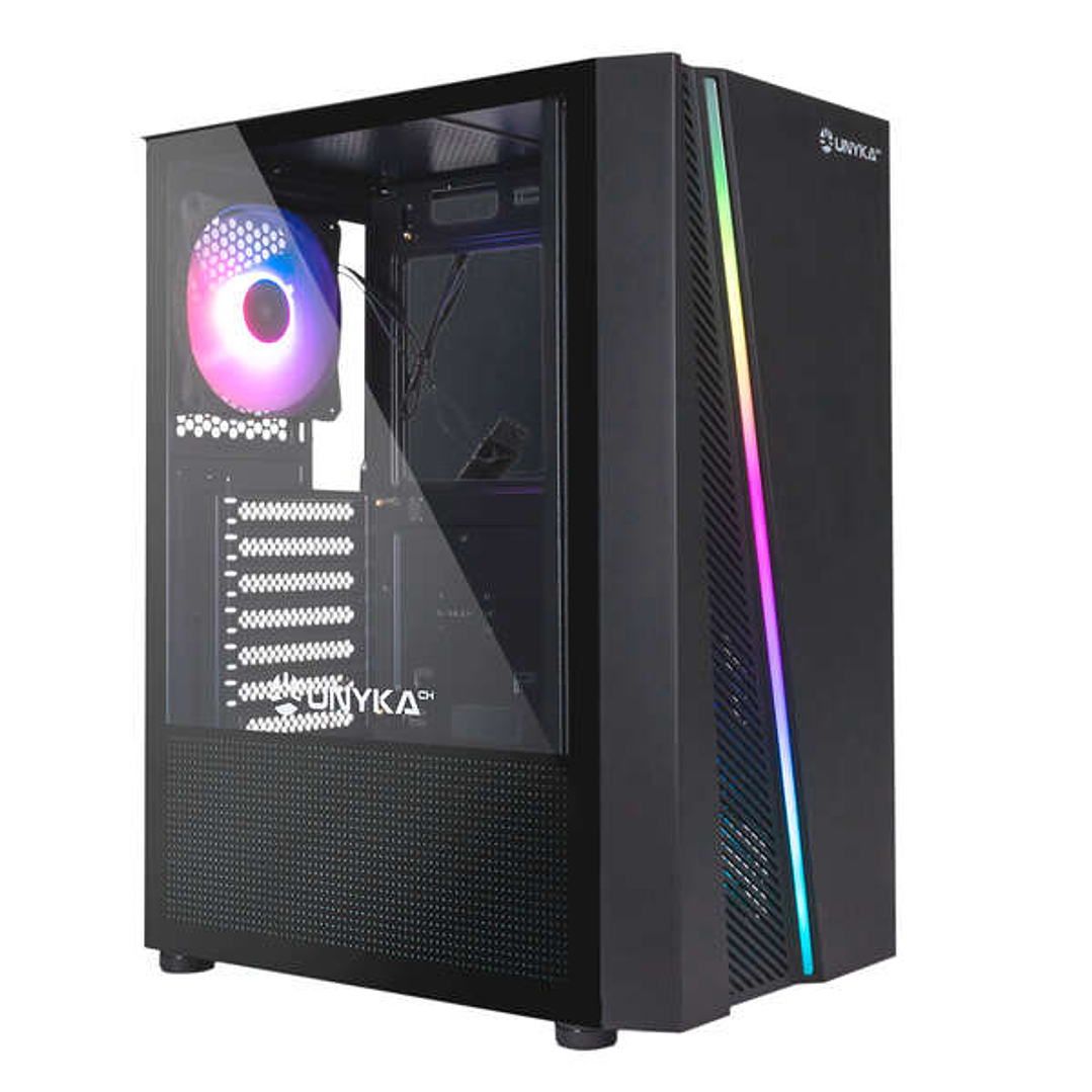Unykach Glayze Caja Torre ATX - Iluminacion ARGB - Lateral Cristal Templado - USB-A 2.0/3.2 y Audio - 1 Ventilador 120mm RGB Instalado - Color Negro 1