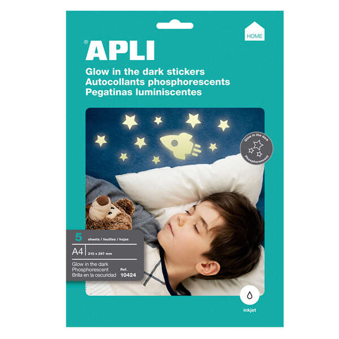 Apli Pack de 5 Etiquetas Brillo en la Oscuridad 210x297mm A4 - 5 Hojas por 1 Etiqueta - Permite Recortarlos y Realizar Diferentes Diseños - Aptas para 1