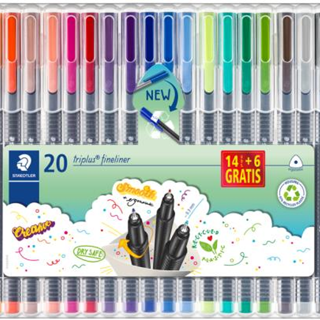 Staedtler Triplus Fineliner 334 Pack de 20 Rotuladores de Punta Fina - Trazo 0.3 mm Aprox - Tinta Base de Agua - 97% de Plastico Reciclado - Colores S 1