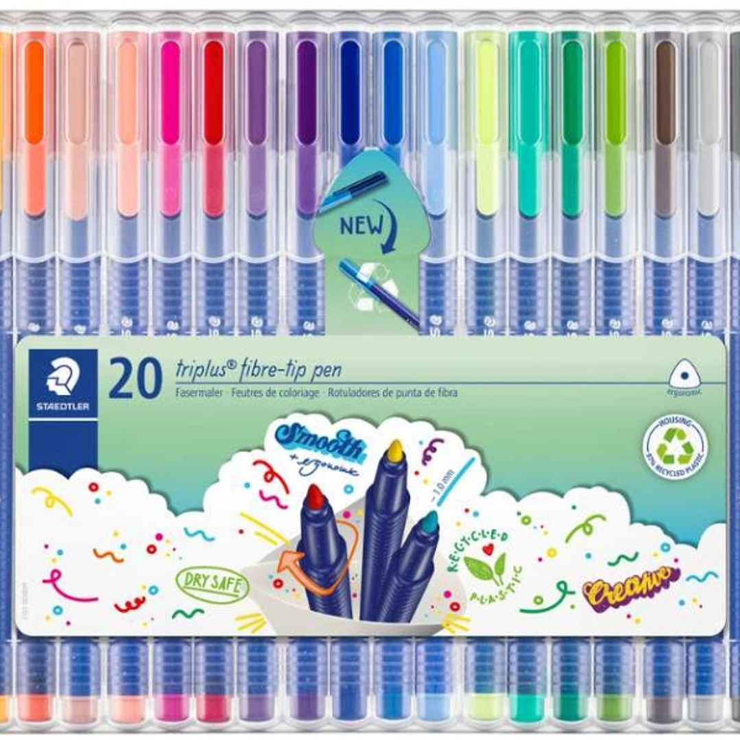 Staedtler Triplus Color 323 Pack con 20 Rotuladores - Trazo de 1mm aprox. - Tinta Base de Agua - 97% de Plastico Reciclado - Colores Surtidos 1