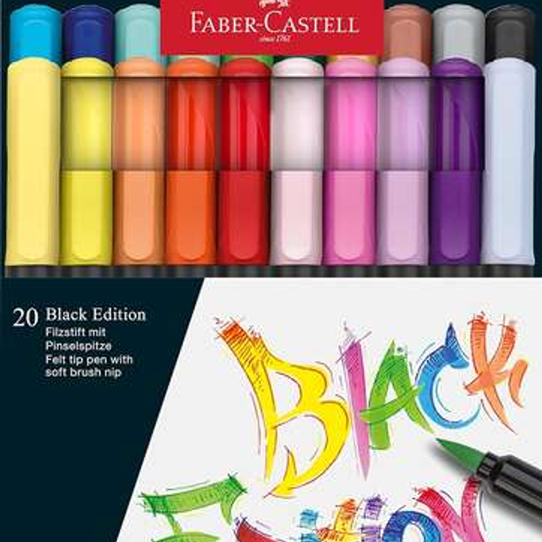 Faber-Castell Black Edition Pack de 20 Rotuladores Punta Pincel - Tinta a Base de Colorantes Alimentarios - Colores Surtidos 1