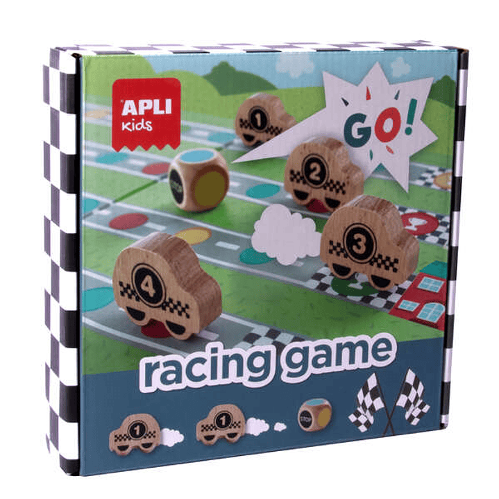 Apli Racing Game Juego de Mesa - Tablero Despegable - 4 Piezas de Madera con Forma de Coche - Dado de Colores - Enseña a Respetar las Reglas - Colorid 1