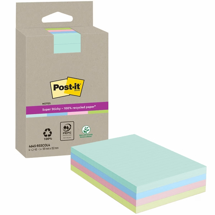 Post-It Super Sticky Super Sticky Pack de 4 Blocs de 45 Notas Adhesivas Recicladas - Forma Rectangular - 102x152mm - Colores Surtidos 1