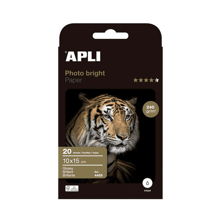 Apli Photobright Pack de 20 Hojas de Papel Fotografico 10x15cm 240g/m² - Acabado Brillante - Apto para Impresoras Inkjet 1