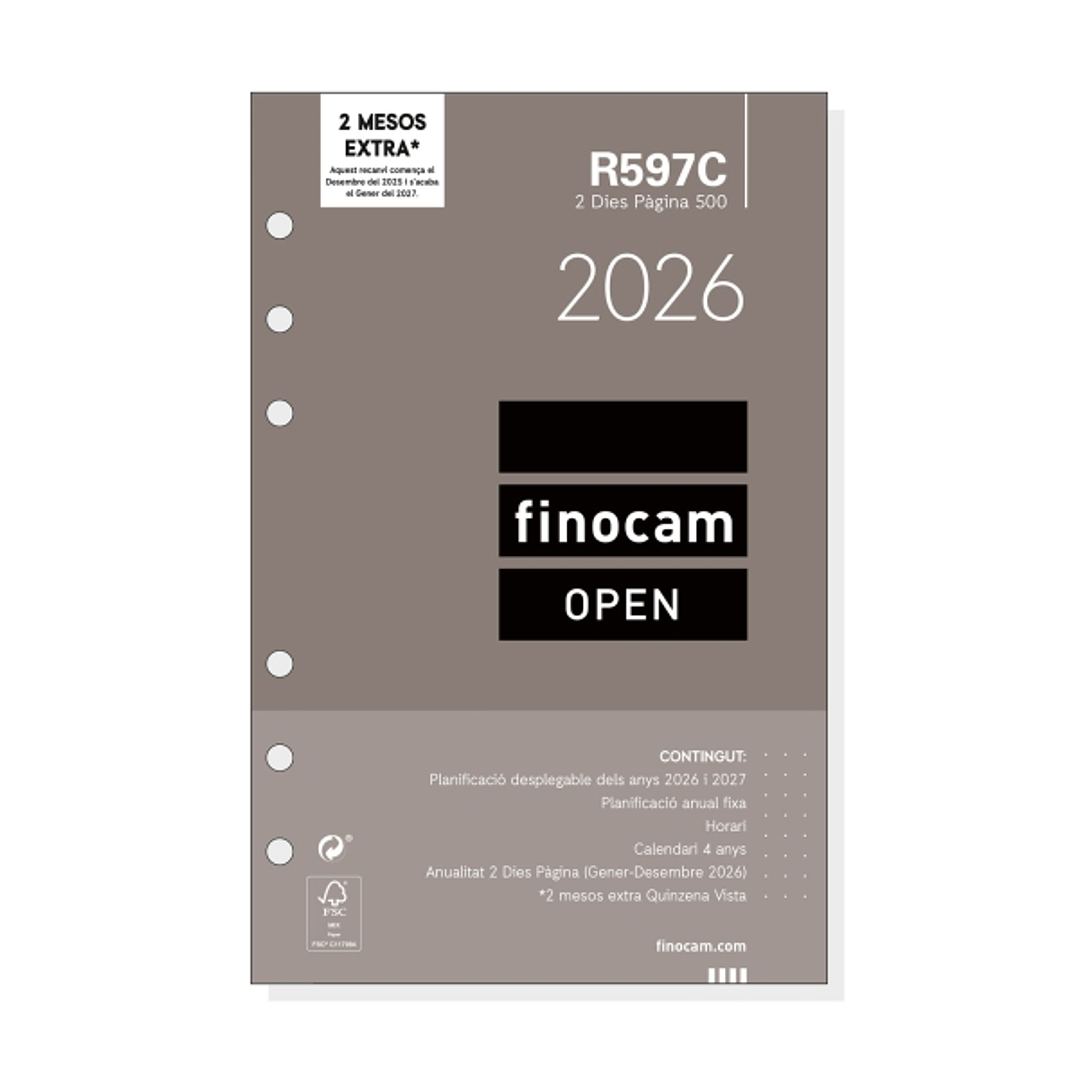 Finocam R597C Recambio Anual 2026 para Agendas Open 2026 en Catalan - Formato 500 - 117x11x181mm - 2 Dias por Pagina - Color Blanco 1