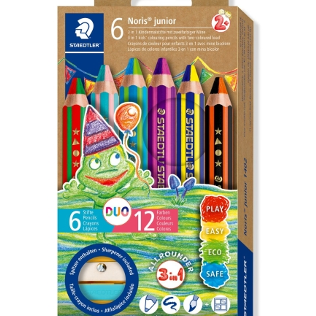 Staedtler Noris Junior Pack de 6 Lapices de Colores Extragruesos Duo + Sacapuntas - 3 en 1, Lapiz, Cera y Acuarelable - 2 Colores en cada Lapiz - Colo 1