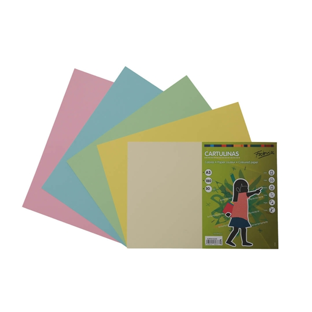 Fabrisa Pack de 50 Cartulinas 180 g/m² - Tamaño A3 - Colores Pastel Surtidos 1