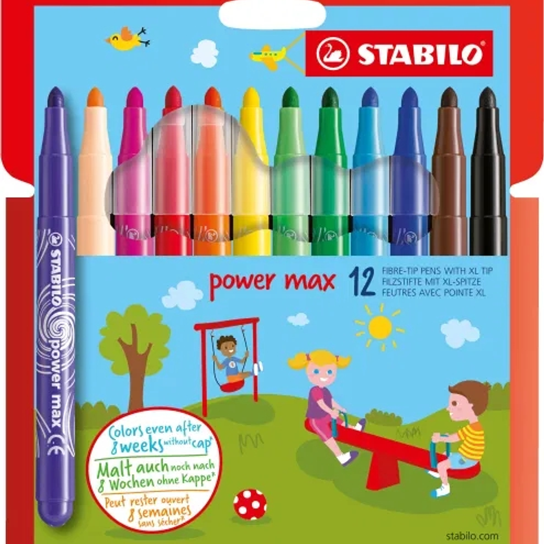 Stabilo Power Max Pack de 12 Rotuladores de Punta Gruesa - Trazo 3mm - Tinta Lavable - No se Seca - Colores Surtidos 1